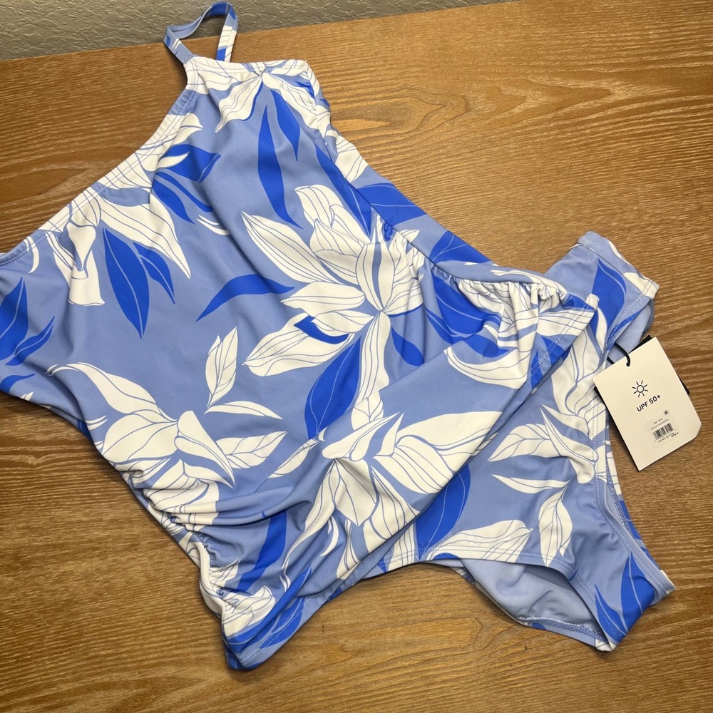 S3 Swim Blue White Floral Tankini Set Ruched UPF 50+ Sculpt Support Smooth